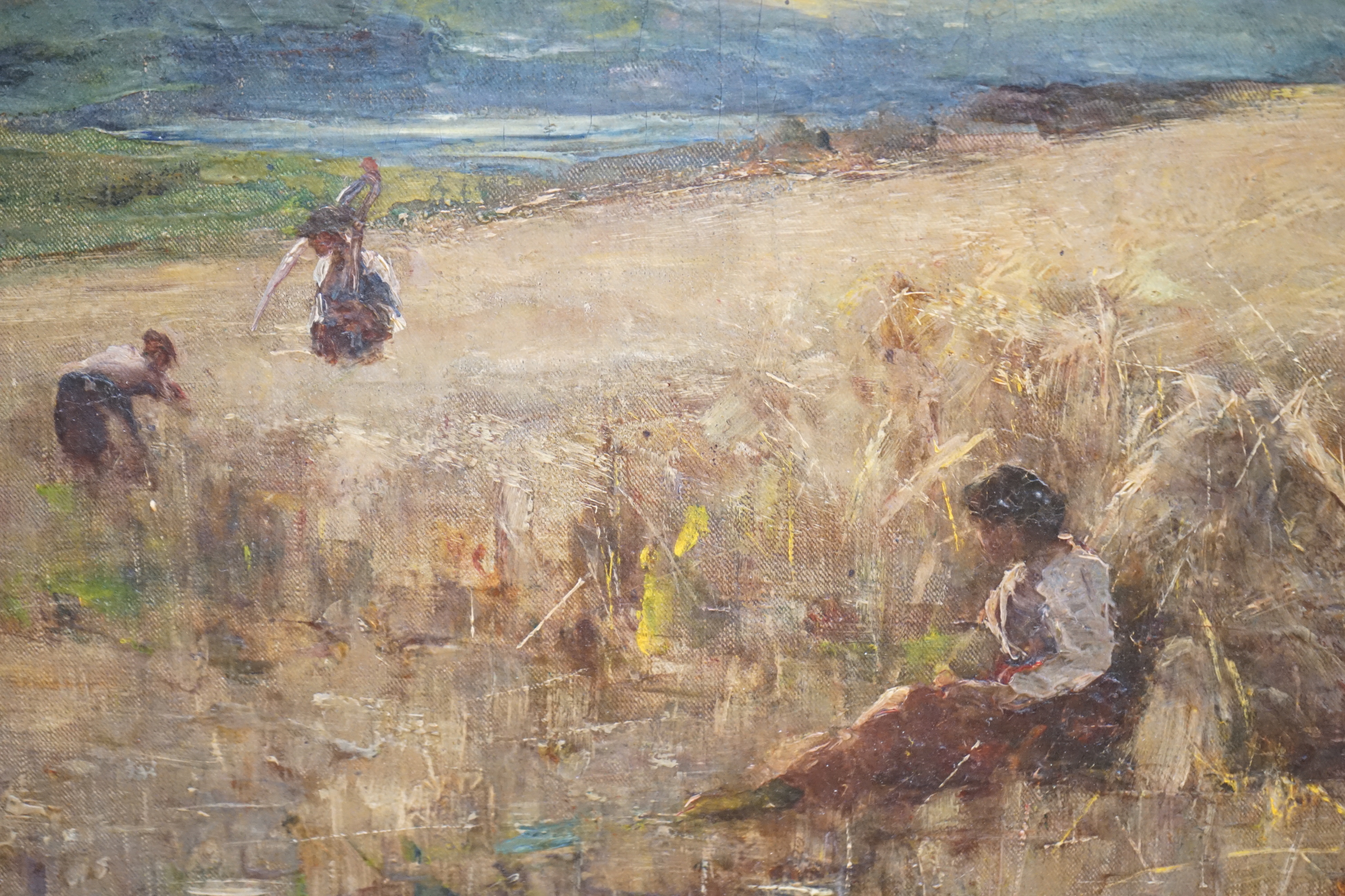 Joshua Anderson Hague (1850-1916), Impressionist oil on canvas, Figures haymaking, signed, 40 x 50cm